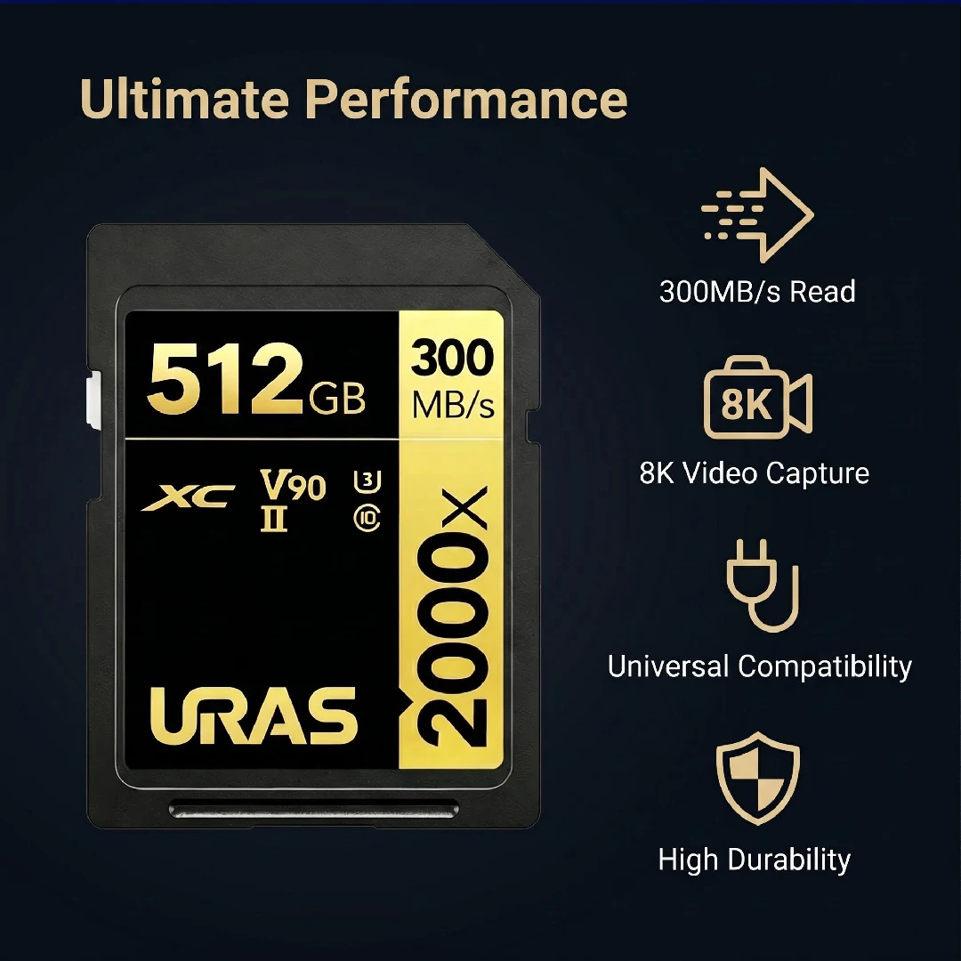 고속 2000x SD 메모리 카드 512GB 256GB 128GB 64GB UHS-II C10 U3 V90 SDXC 카드 풀 HD 8K 비디오 최대 300MB/s 카메라용