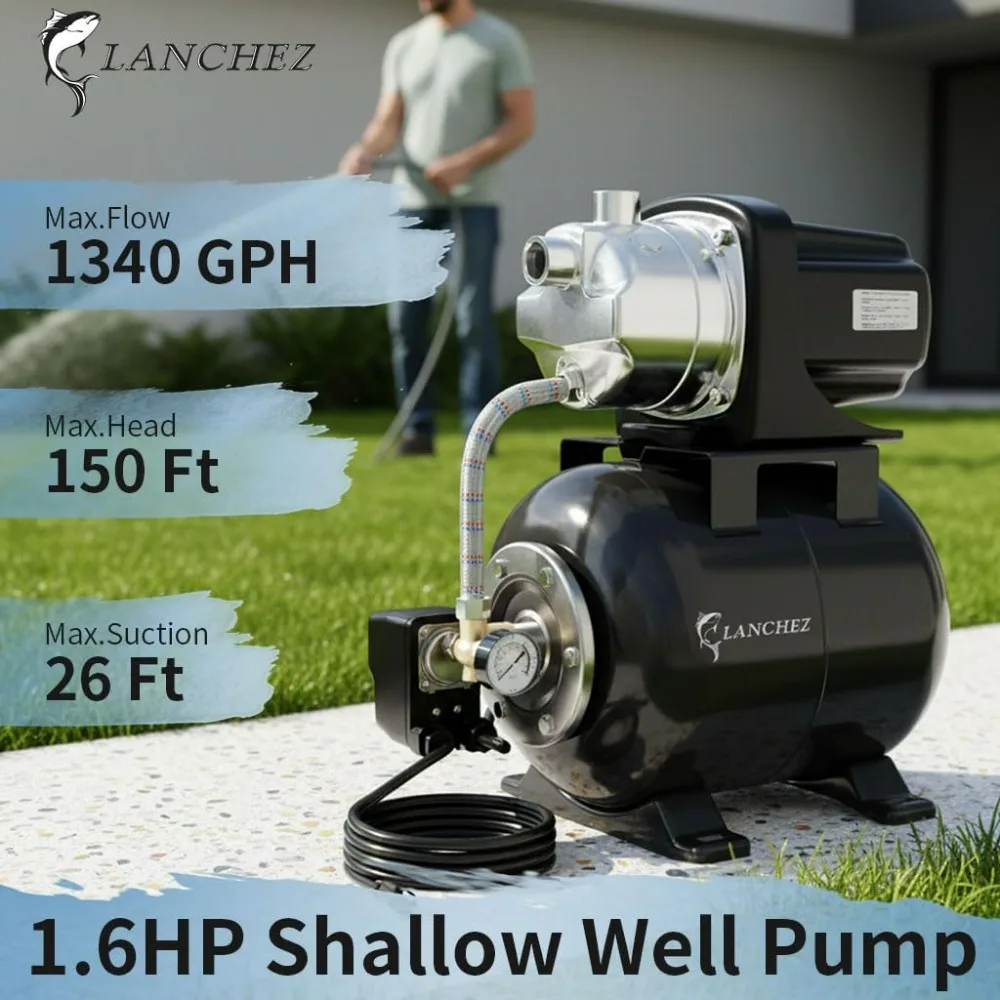 1.6HP Stainless Steel Shallow Well Pump with 1340 GPH Flow Rate, 115V Automatic Irrigation Booster Pump and Pressure Tank