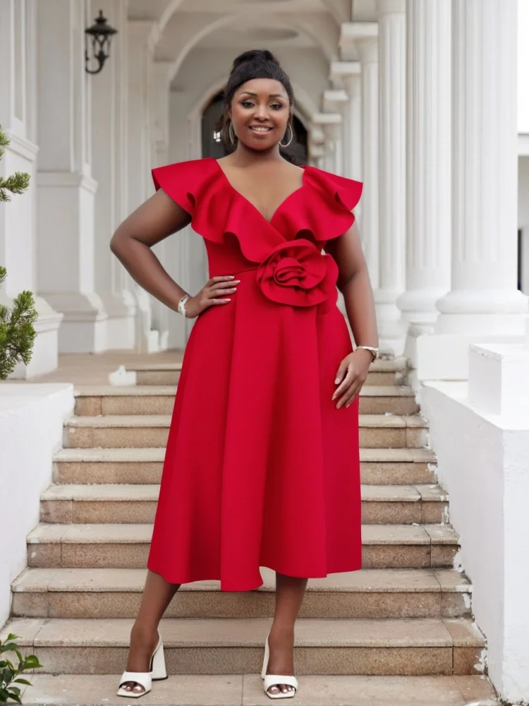 Wmstar Women's Dresses Wholesale V Neck Ruffles Flower Evening Elegant Party Birthday Dress Fashion Women Clothing Dropshopping