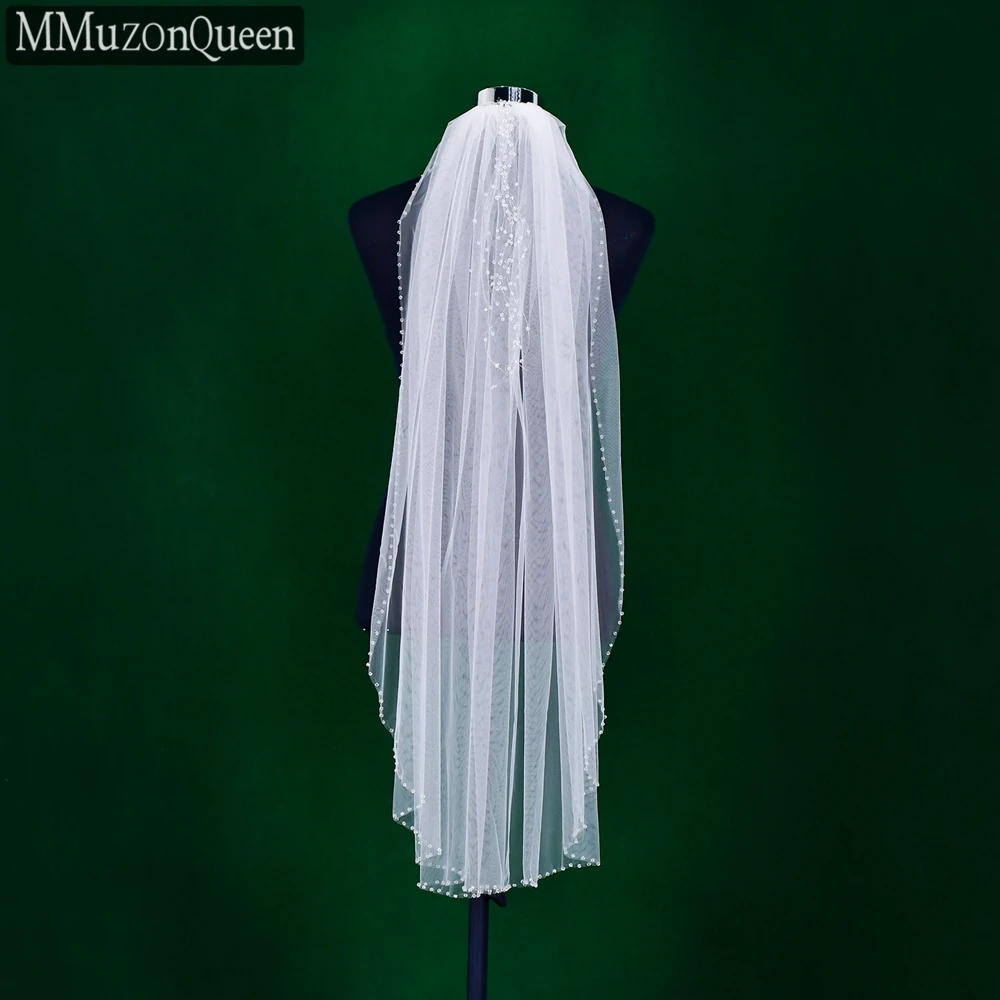 MMQ M20 Crystal Edge Wedding Veil with Comb White Soft Tulle Yarn 1 Tier Fingertip Length Tassel Bridal Veil