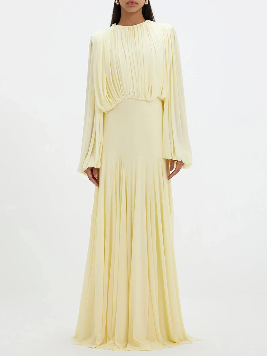 Robe longue plissée jaune femme élégante VGH