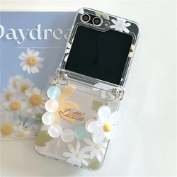 Cute Colorful Floral Clear Phone Case with 3D Flower Bead Chain - Galaxy Z Flip 4 (Yellow)