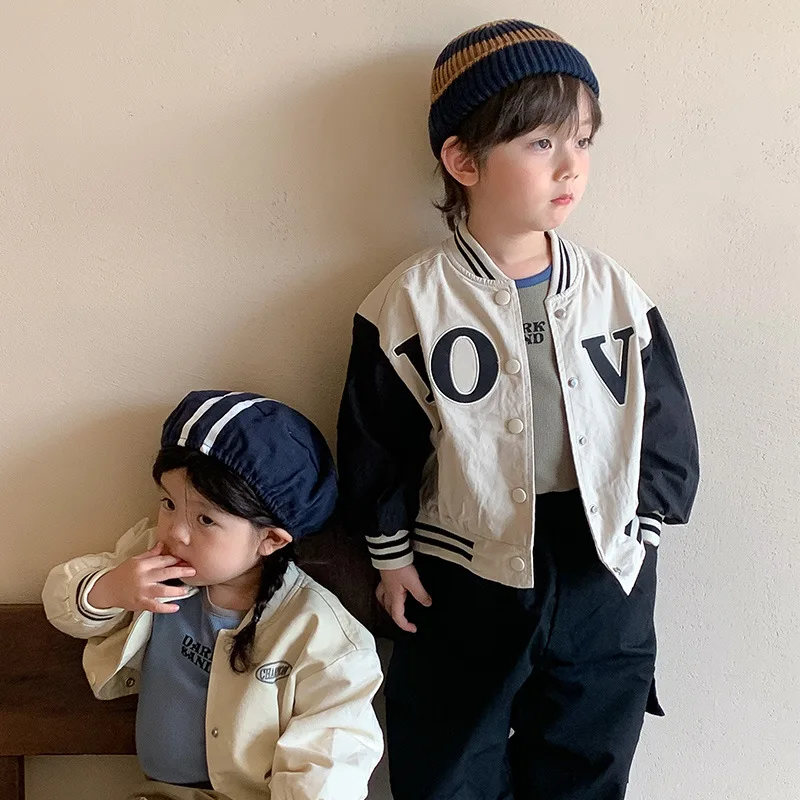 

2023 Autumn New Children Long Sleeve Baseball Uniform Baby Boys Letter Print Casual Coat Girls Windproof Jacket Kids Loose Tops