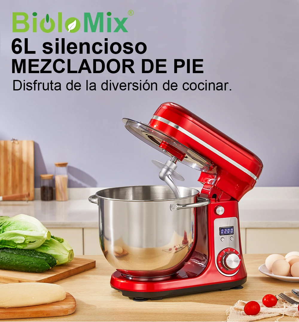 BioloMix-batidora de 6 velocidades para cocina, amasadora de masa con Motor silencioso de 1200W, DC, 6L