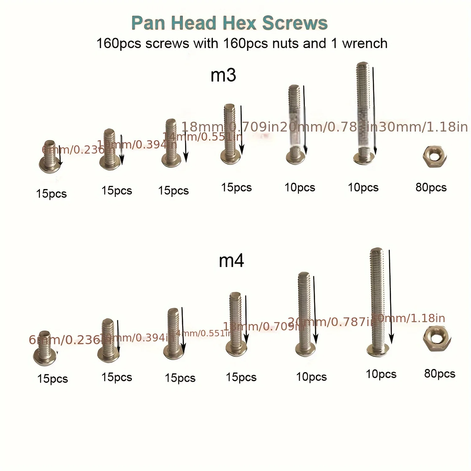 320Pcs M3 M4 Hex Socket Head Cap Bolts Nuts Screws Assortment Set 304 Stainless Steel