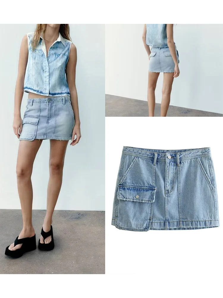 

Spring Summer New Women's Side Pockets and Patch Pockets Flap Front Zipper Metal Button High Waist Denim Mini Skirt