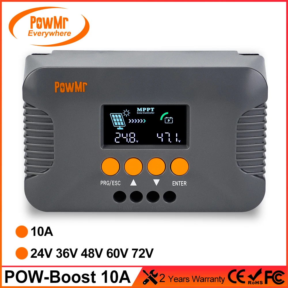 Powmr 10A Boost Voltage Charger Regolatore Di Carica Solare Mppt Compatibile Con Display Lcd Batteria 24V/36V/48V/60V/72V Ip32