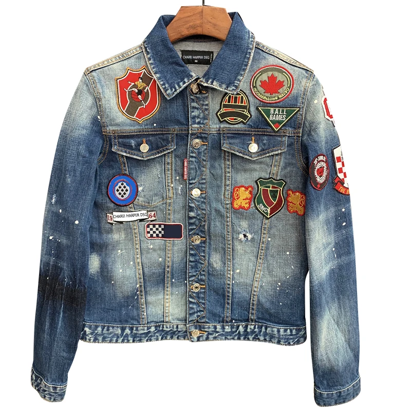 

chareiha dsq x33 Embroidered letter label fashion denim jacket men's European and American trend cardigan denim jacket