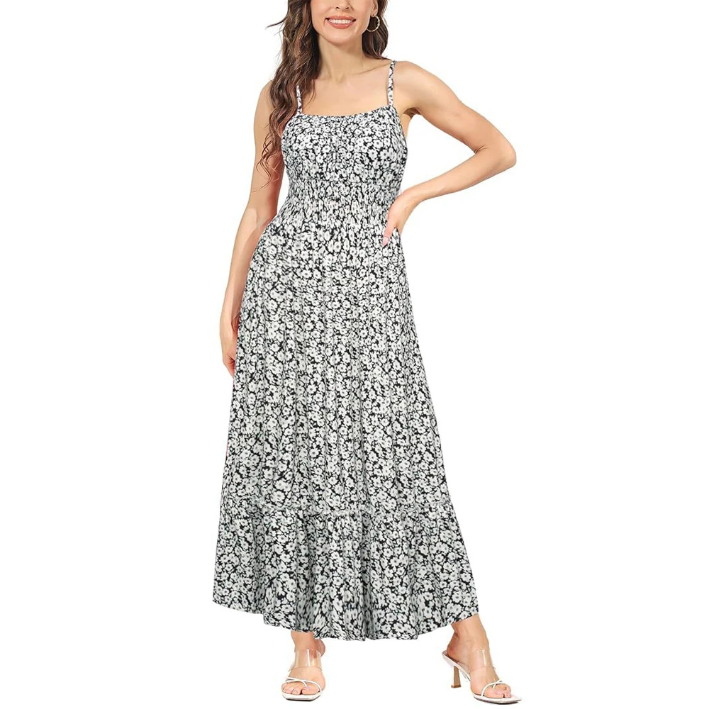 thumbnail image 1 of Vestido largo de verano con estampado floral, tirantes finos, corpiño fruncido, cintura fruncida, elegante vestido bohemio de playa para mujer, 1 of 5