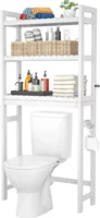 Bamboo 3-Tier Over-The-Toilet Space Saver Organizer Rack, Stable Freestanding Above Toilet Stand with 3 Hooks for Bathroom, 1