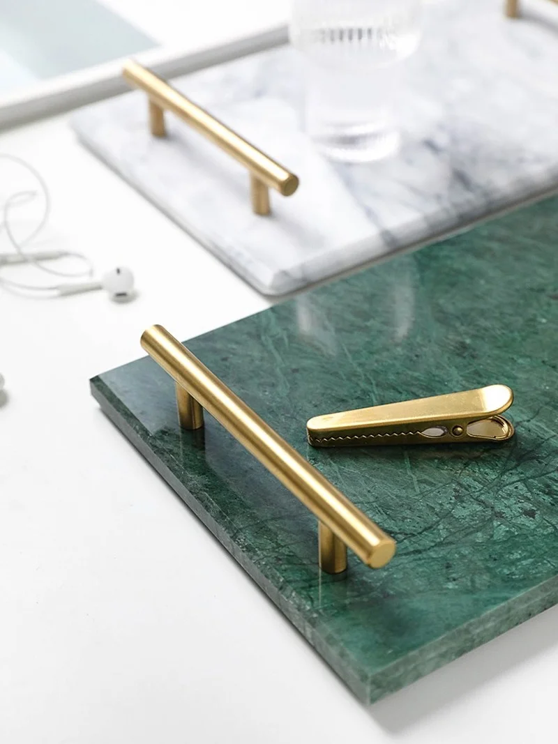 Marble Tray Shelf Bathroom Cosmetic Storage Golden Handle Cake Fruit Sushi Home Decoration