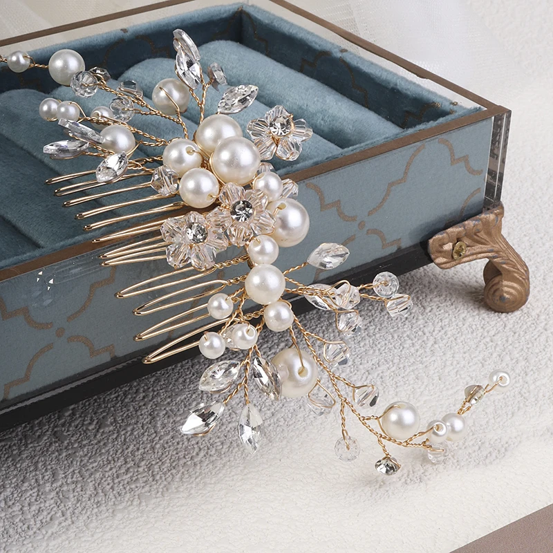Mode Braut Perle Haarkamm Silber Gold Hochzeit Kopf bedeckung Haars pangen Kristall Perlen klassischen Schmuck Haarschmuck – Detail 5