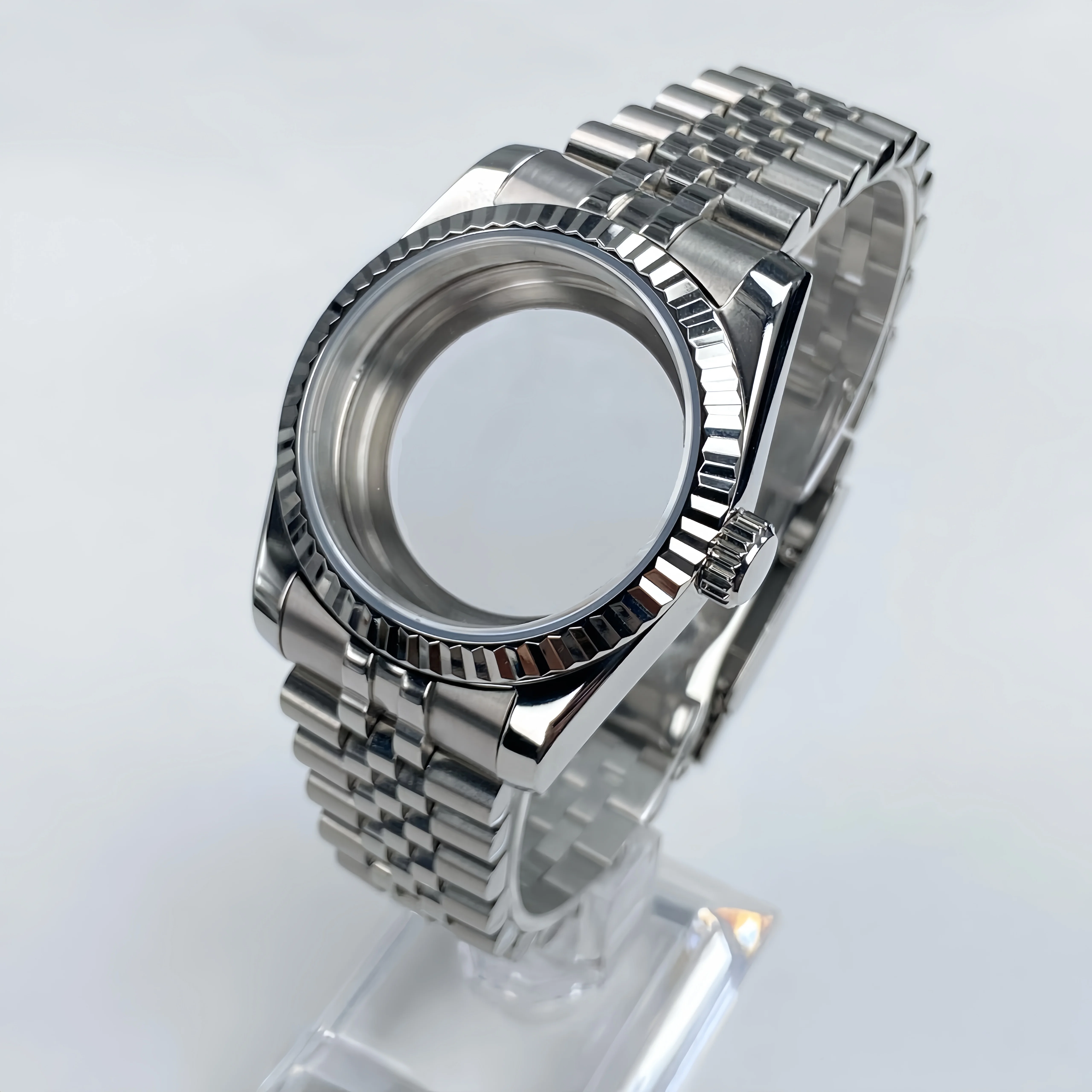 Fluted Bezel Sapphire Glass Stainless Steel Watch Case