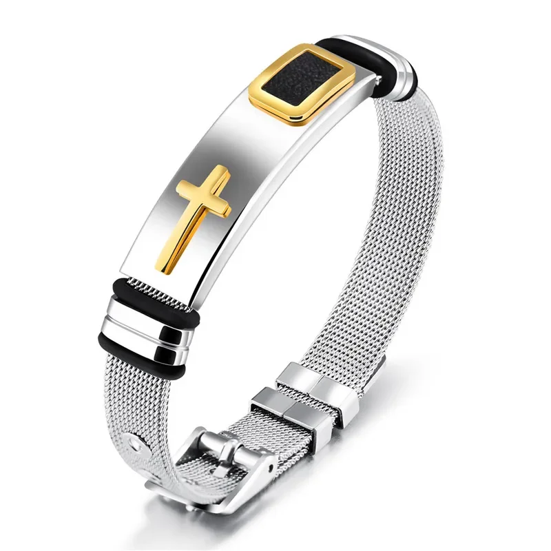 Bracelet Jewelry Length Adjustable Stainless Steel Strap Bracelets For Man Women Watch Band Style Punk Net Band Christian Cross Prayer Male