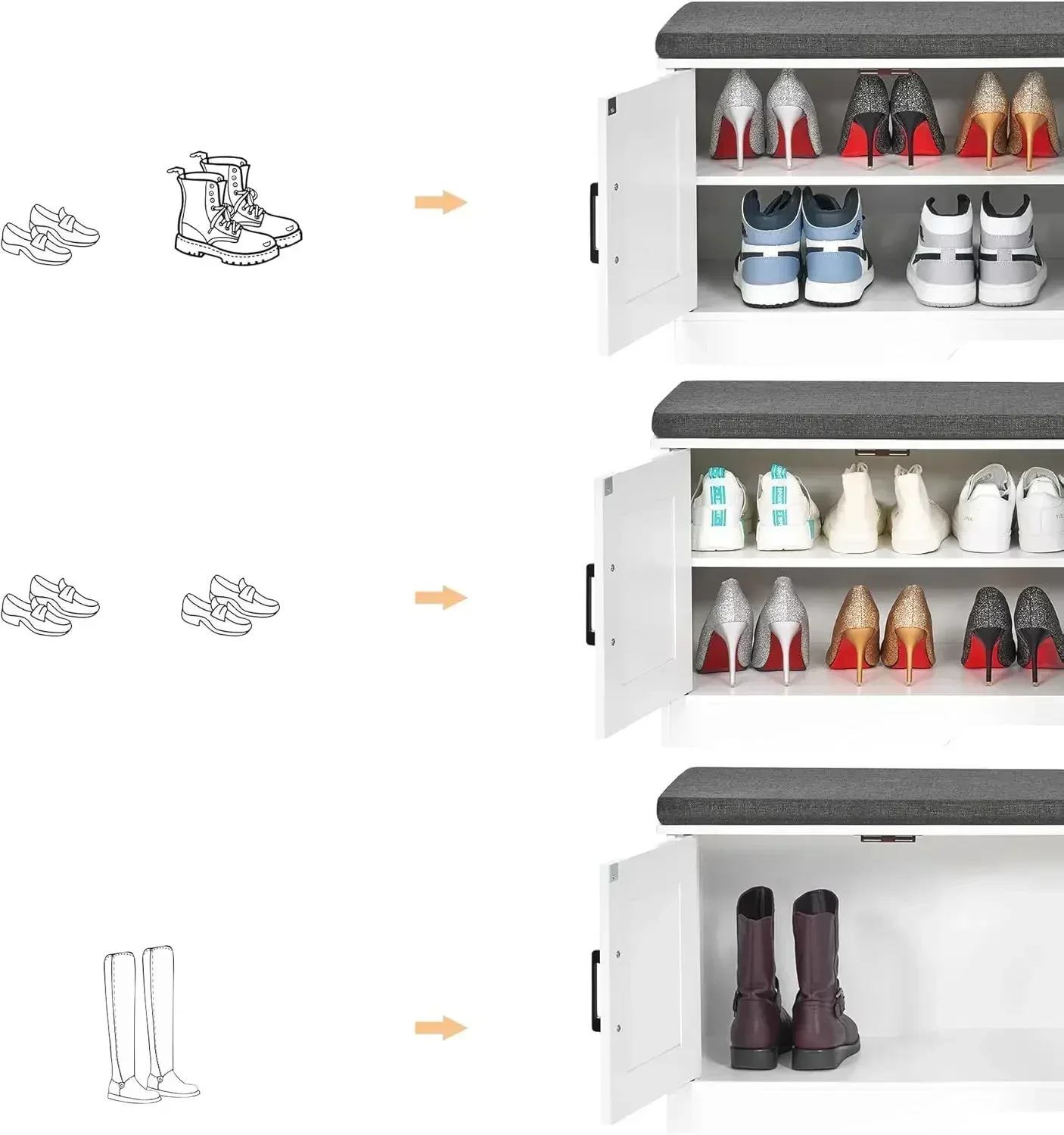 New2025-2-Tier Storage Bench, Shoe Bench with Padded Seat Cushion, Entryway Bench with 2 Barn Doors, Adjustable Shelf