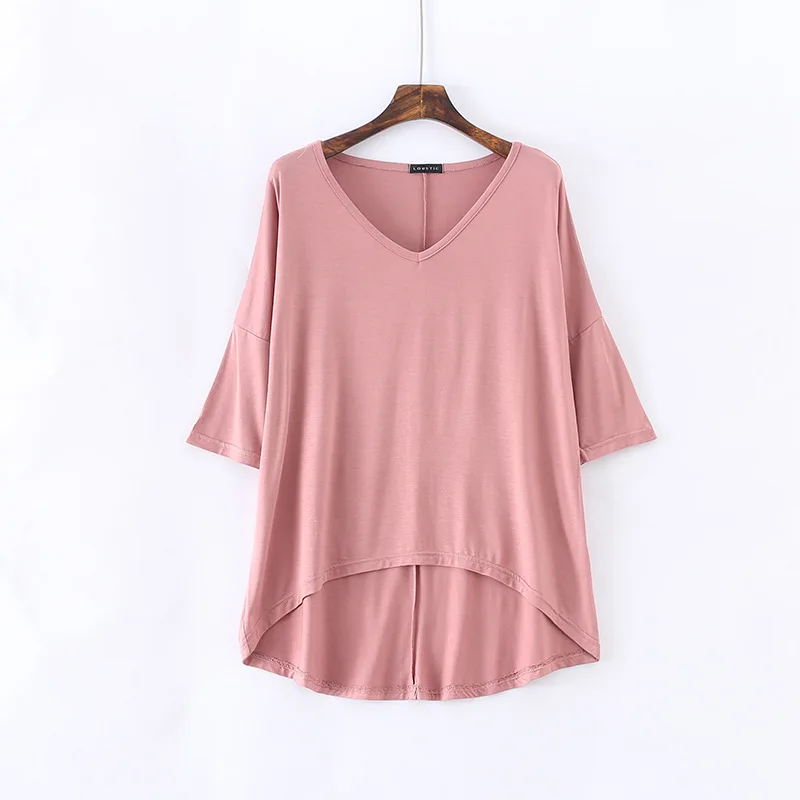 

Women V-neck Solid Color T-shirt Girl Loose Modal Tee Tops Female Soft Mom Home Wear Clothes