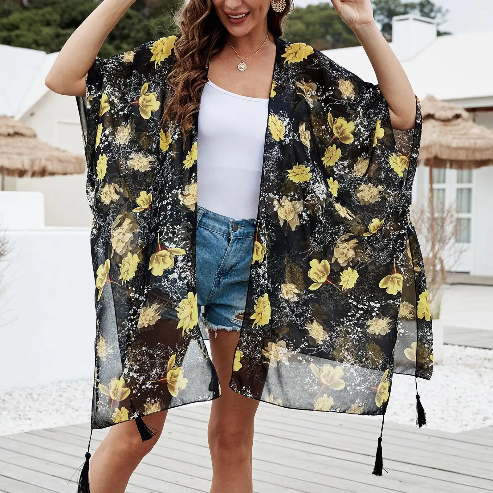 Print Kimono Cardigan V Neck Loose 