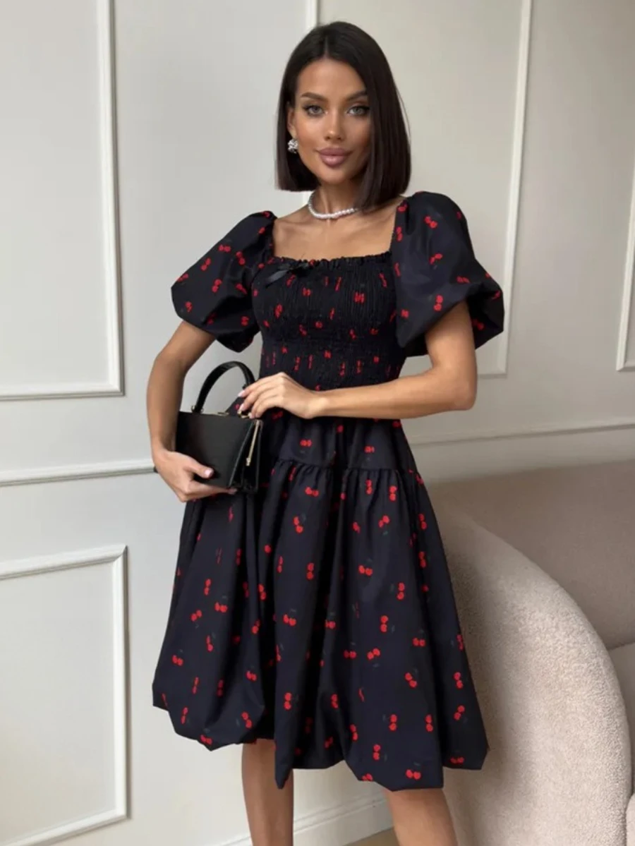Bornladies Square Neck Bubble Sleeve Dress Women's Summer New Waist Cinching Short Skirt Sweet Girl Printed Slim Fit Short Dress