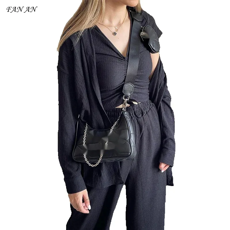 Pant Sets Women Solid Three Pieces Set Long Sleeve Cropped Button Shirt Loose Wide Leg Trouser Work Sporty Suits Streetwear