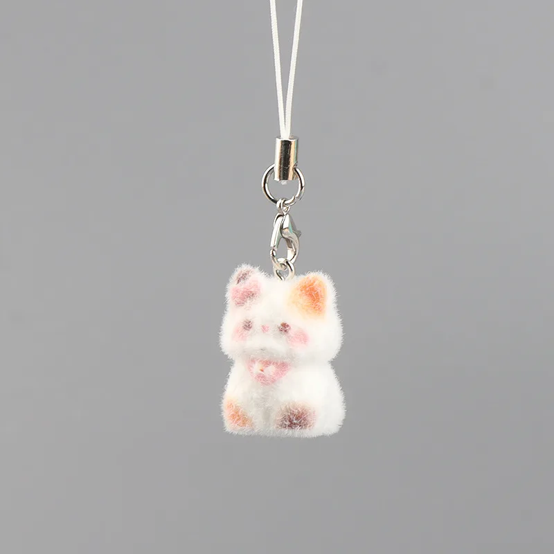 Cute Plush Flocked 3D Resin Cat Keychain Bag Accessory Phone Strap Gift