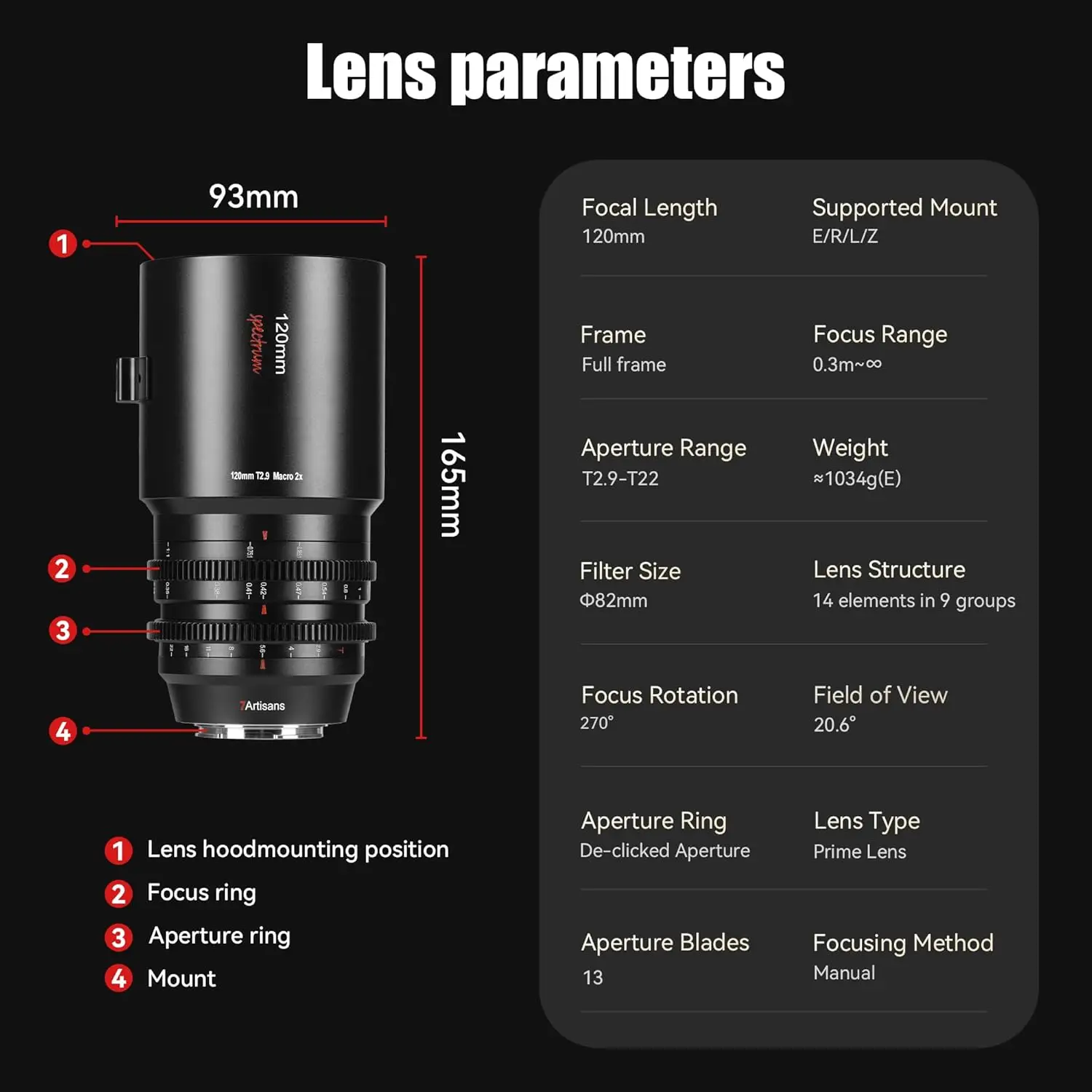 7artisans 120mm T2.9 매크로 2배율 풀프레임 카메라 시네 렌즈 ( E, 니콘 Z, 캐논 RF L 마운트) - 스튜디오, 곤충, 보석 촬영용