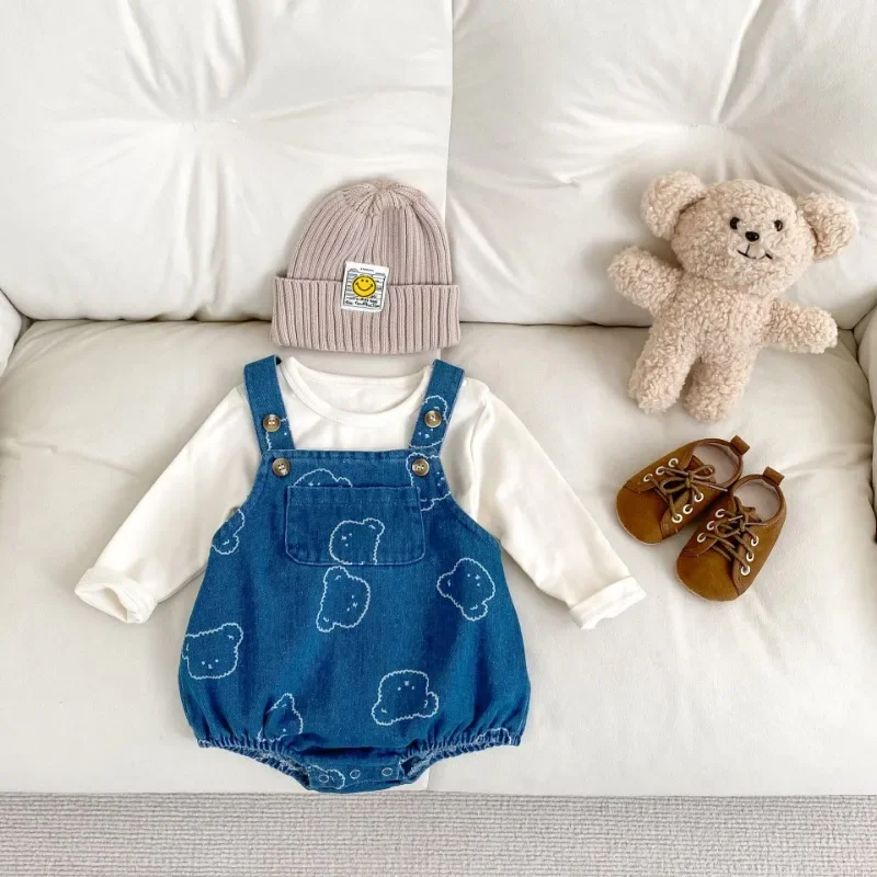 New Spring Autumn Young Children Boys and Girls Denim Bodysuit Cartoon Bear Printed Shoulder Straps Sleeveless Jumpsuit H22401 3