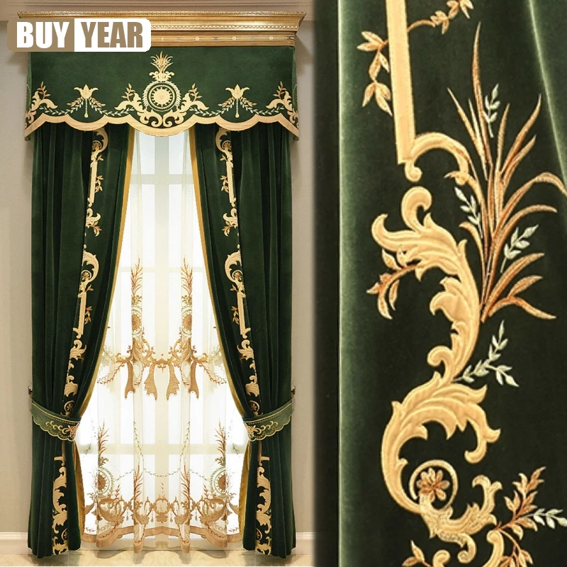 Curtain for Villa Luxury Curtains for Living Dining room Bedroom Home Textile Fabrics French Green Velvet Embroidered