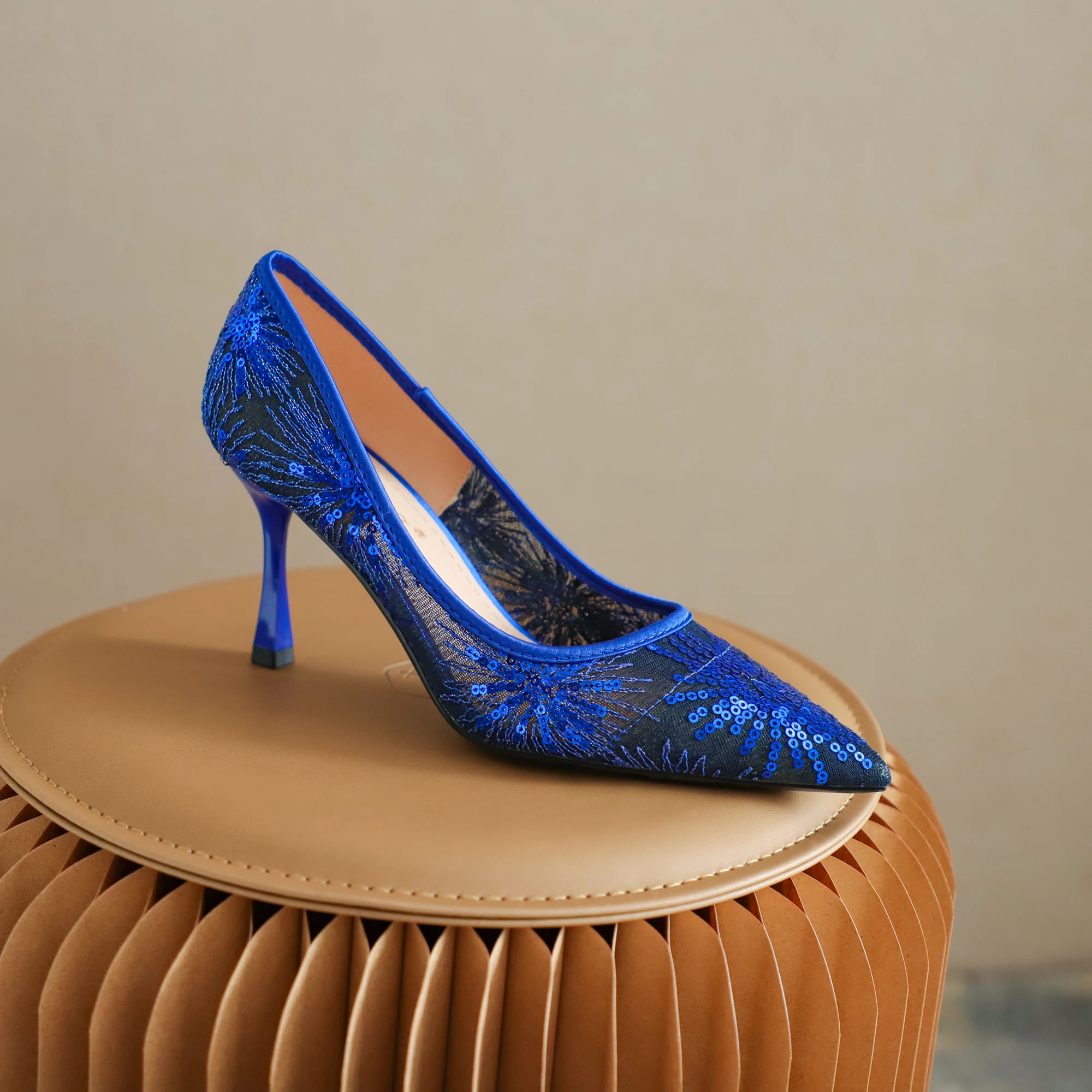 Xibeilove New 2024 Summer Mesh Breathable High Heel Pointed High Heel Shoes Women's Single Shoes Blue Banquet Shoes