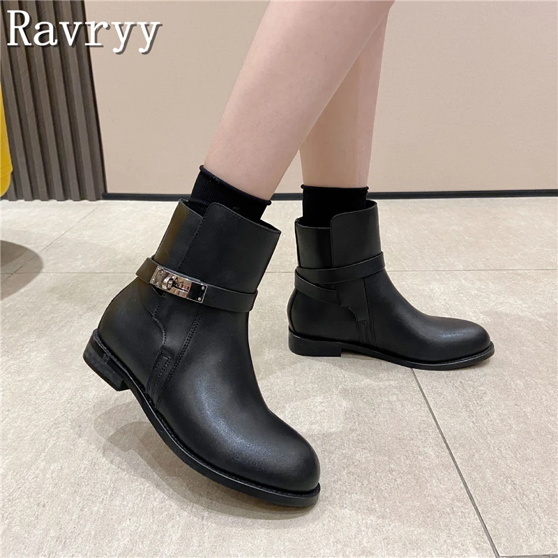 

Elegant Winter Women's Ankle Boots Metal Lock Buckles Flat Lady Booty Knight Booties Brand Fashion Office Dress Party Shoes