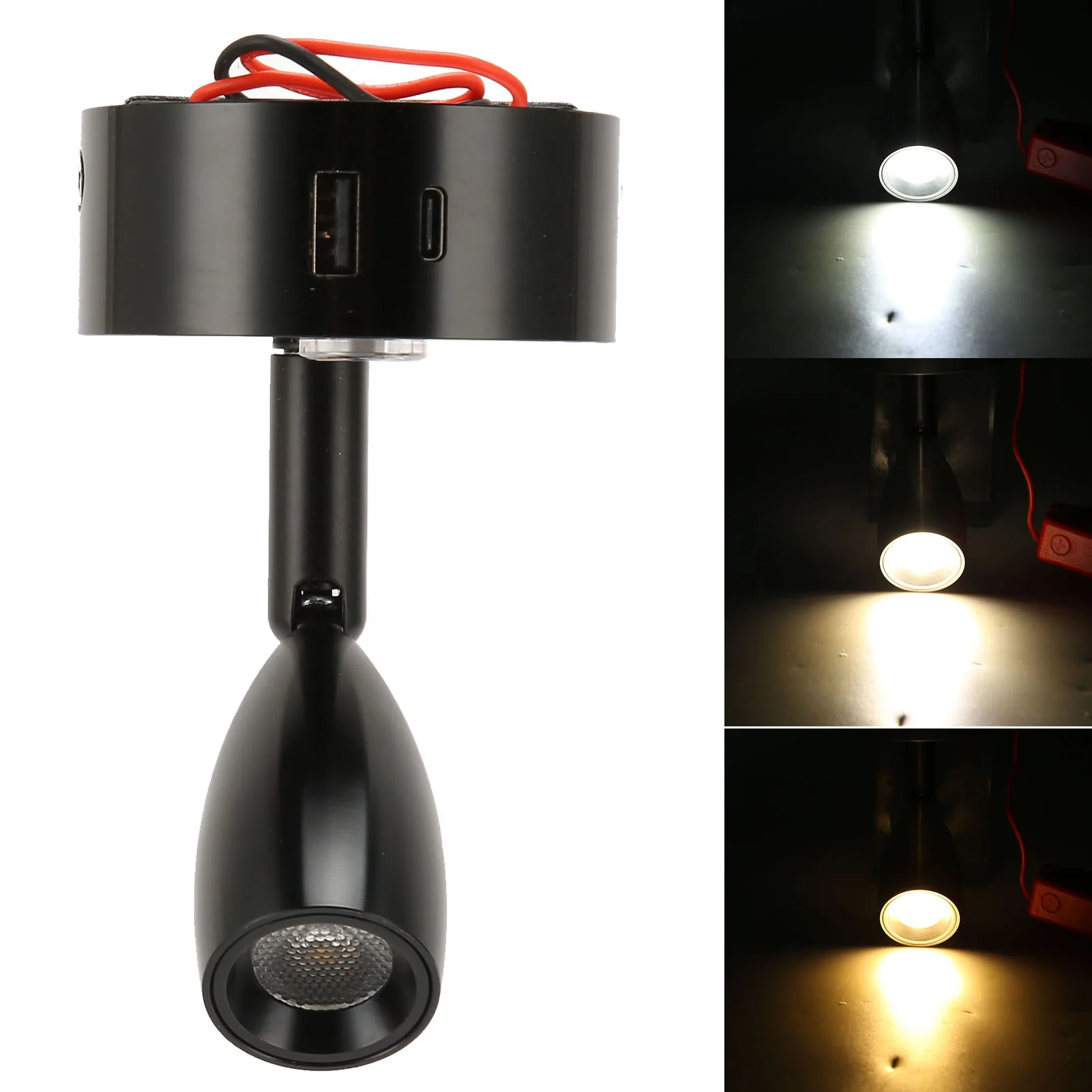 RV Reading Light with USB Type C Port Blue Nightlight 3 Color Dimming Boat Reading Lamp Polished Surface Touch Switch DC12‑24V rv lamp