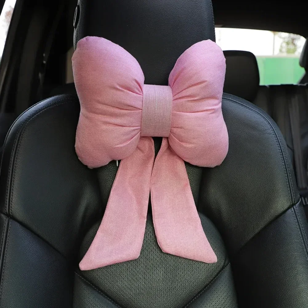 Elegant Pink Bowknot Car Neck Pillow - Luxurious Anti-Fatigue Headrest Cushion