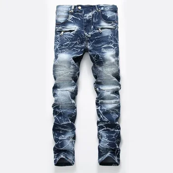 Zipper Pocket Retro Nostalgic Jeans Men's New Style High Street Motorcycle Fashion Stretch Slim Straight Denim Trousers Male 1