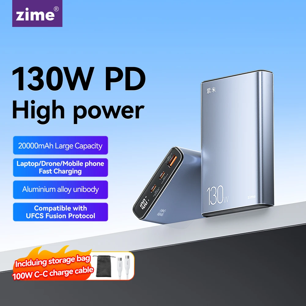zime 20000mAh Portable Power Bank 130W Output Support PD UFCS External Battery For Laptop Drone Mobile Phone Fast Charging