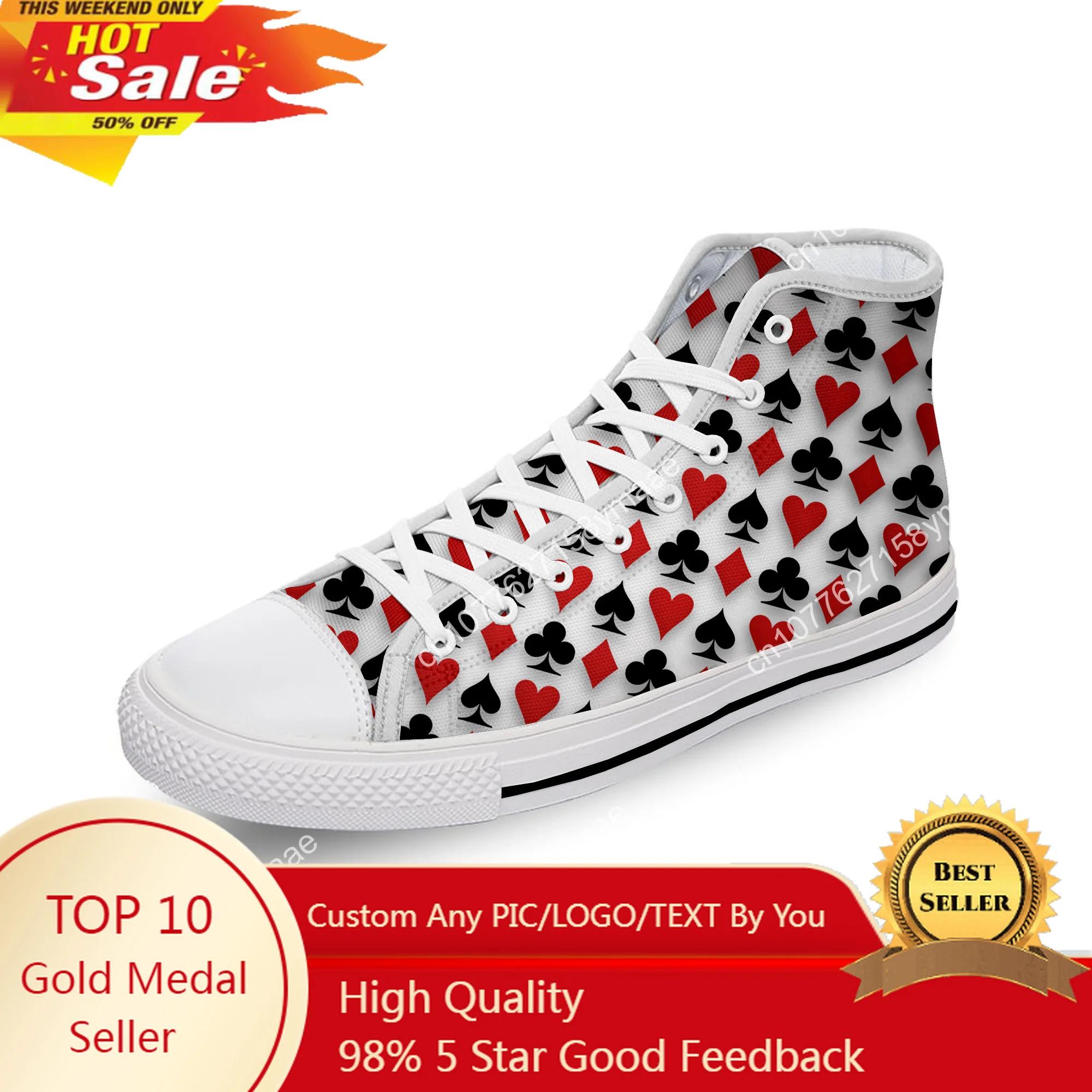Playing Card Poker Popular Cool White Cloth Fashion 3D Print High Top Canvas Shoes Men Women Lightweight Breathable Sneakers