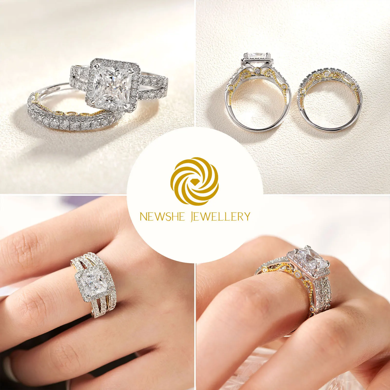 Newshe Original 925 Sterling Silver Rose Yellow K Gold Wedding