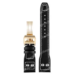 Elegant Leather Watch Strap with Folding Buckle - Premium Cowhide Bracelet - 22mm (Black - gold)