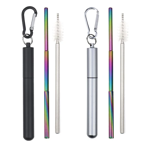 Reusable Collapsible Straw Portable Suit Brush Clasp Storage Box Portable Stainless Steel Straw for Travel Outdoor