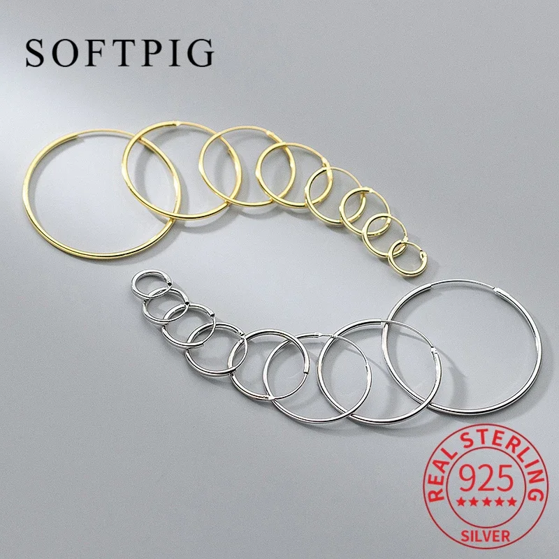 SOFTPIG Real 925 Sterling Silver 1.2/1.5mm Wire Diameter Large Hoop Earrings for Women Trendy Fine Jewelry Geometric Accessories real 100% 925 sterling silver tiny leaves clear cz stud earrings for women girl trendy silver earring fine jewelry gift