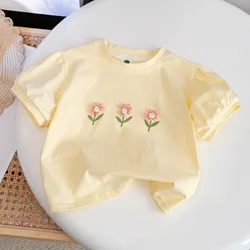 Girls' Short - Sleeved Cotton T - Shirt with 3D Floral Design - Stylish and Cute Summer Top - 110cm (Yellow)
