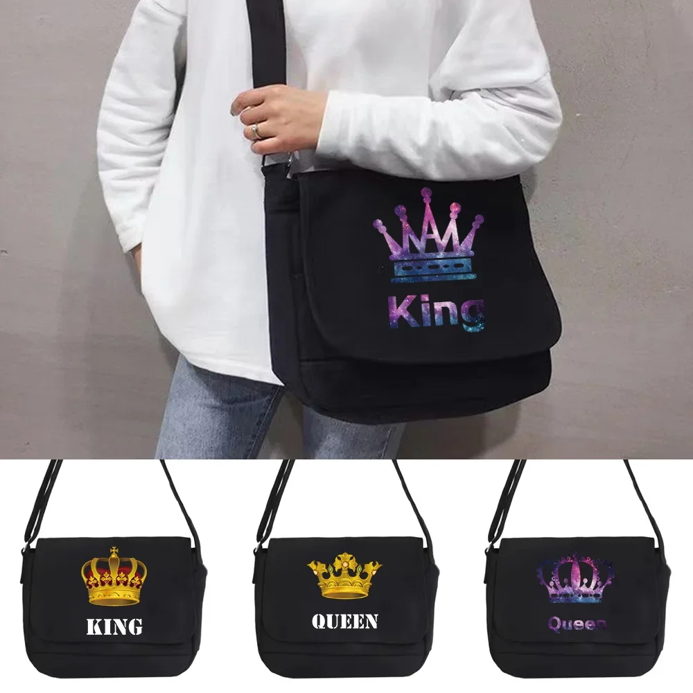 2023 Messenger Bag Women Canvas Shoulder Case Student Style Casual All-match Crossbody Bags King Queen Print Travel Organizer
