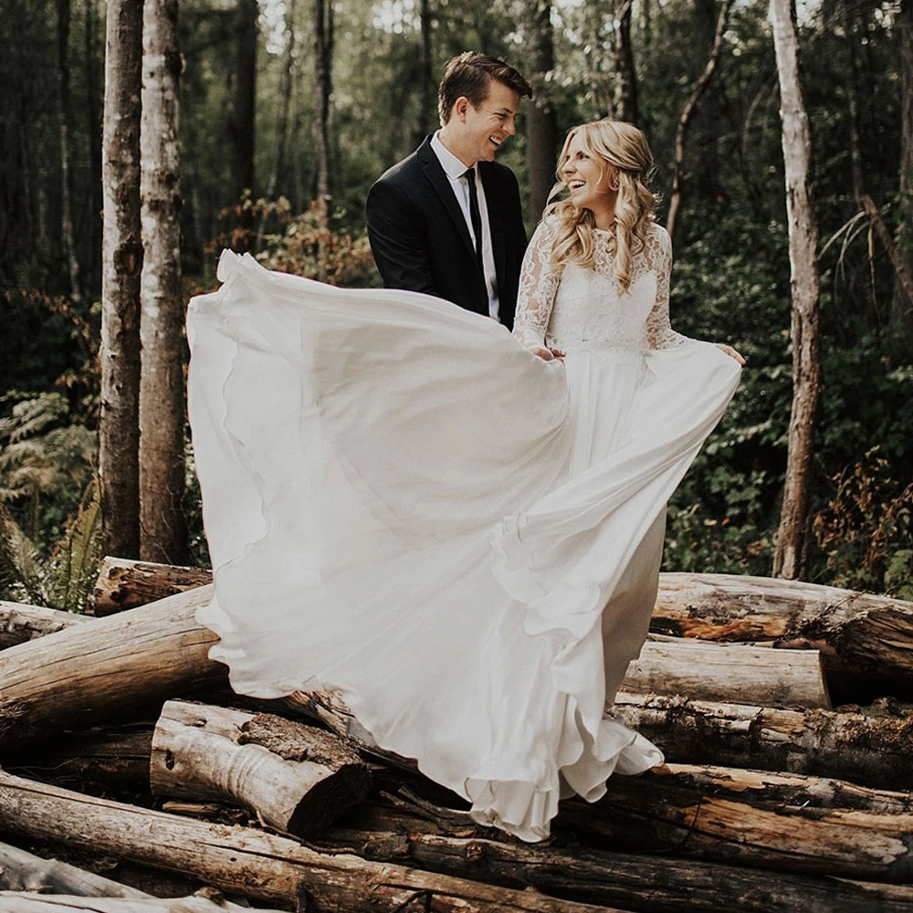 Mryarce Zweiteiliges rustikales Hochzeitskleid mit Spitzen-Crop-Top, langen Ärmeln und fließendem Chiffonrock, Brautkleider – Detail 10