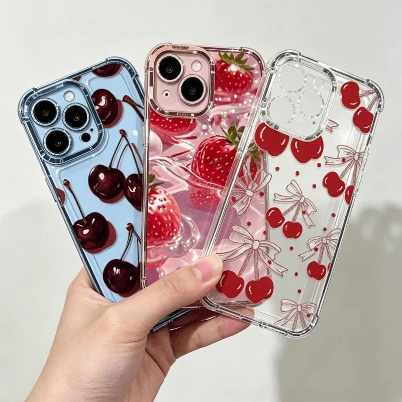 Red Cherry Plating Strawberry Fashion Transparent Shockproof Soft Case