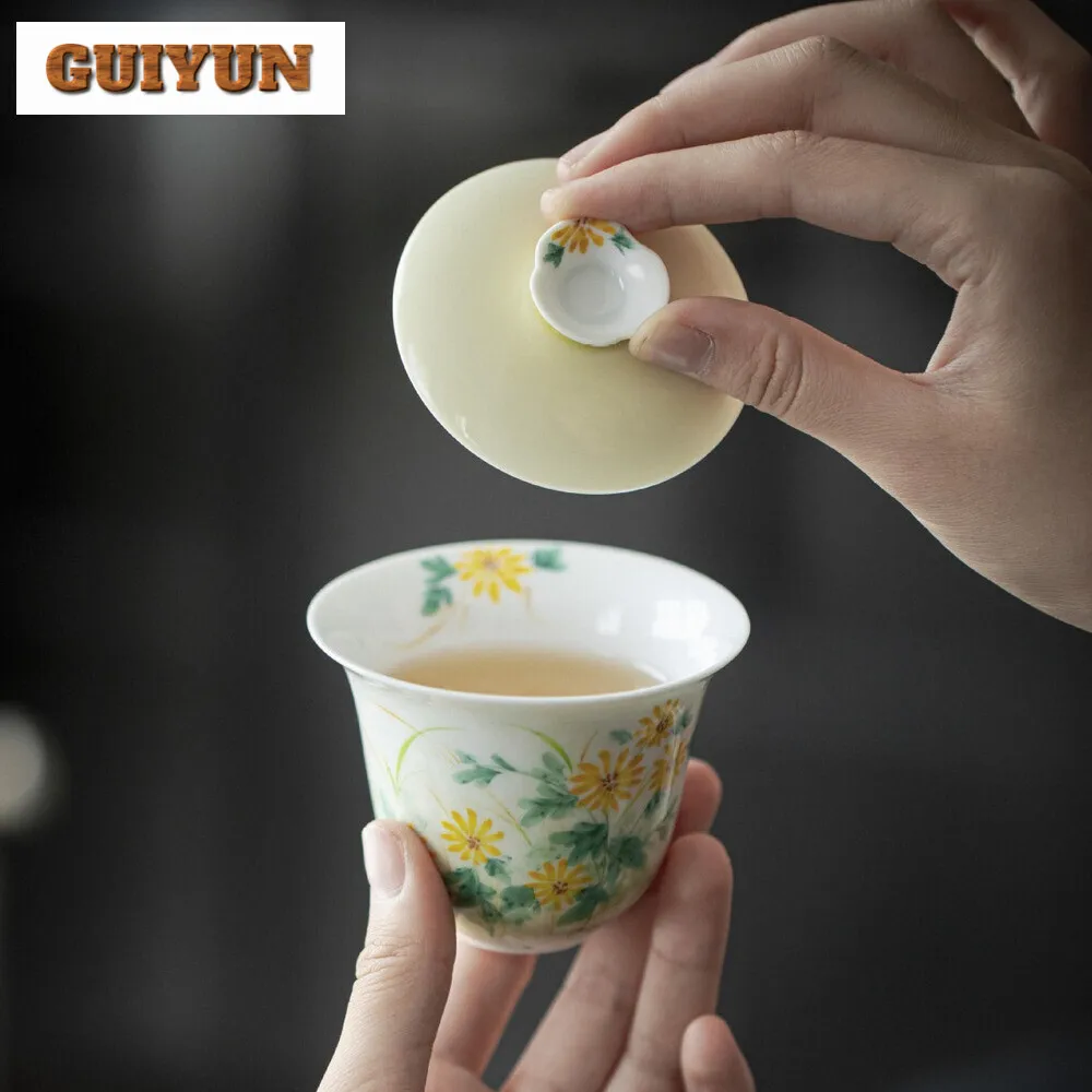 120ml Hand-painted Wild Chrysanthemum Porcelain Gaiwan Elegant Tea Bowl Tea Tureen Brewing Cover Bowl Teaset Ornaments Gifts