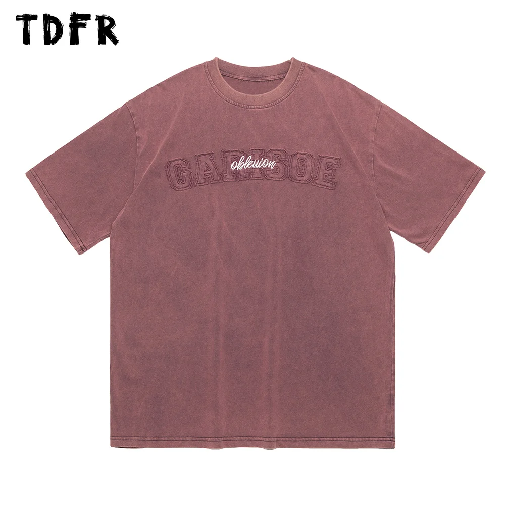 

Embroidery Letter Short Sleeve T-shirt Mens Washed Distressed Streetwear Loose Crew Neck Half-Sleeve Cotton Tee Men