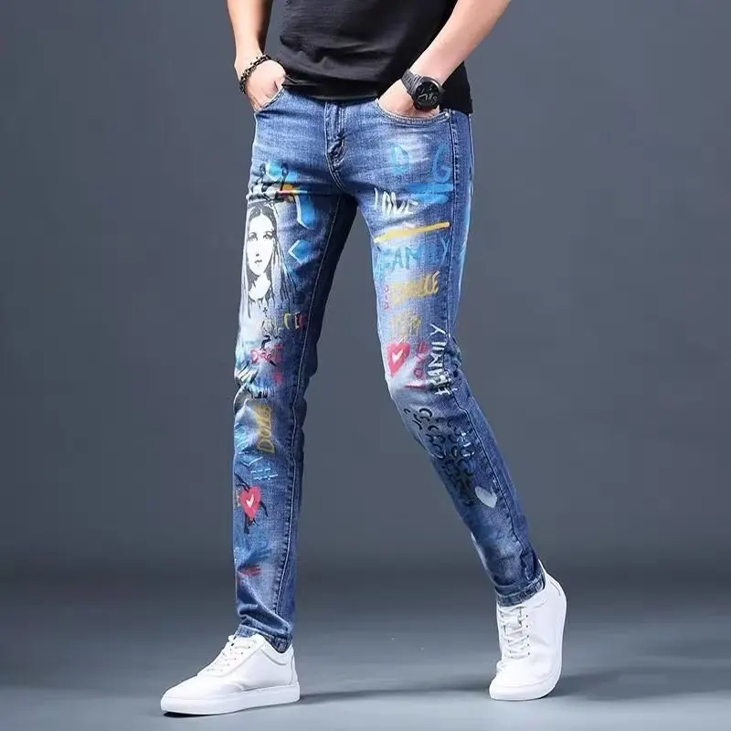 

Men's Black Letter Angel Print Slim Jeans Mens Ripped Stretch Skinny Jeans Streetwear Motorcycle Denim Pants Hip Hop Jeans Men