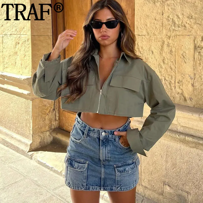 

TRAF Zipper Cropped Women Shirts Long Sleeve Shirt Woman Fashion Autumn Grey Blouses For Women Streetwear Youth Blouses Woman
