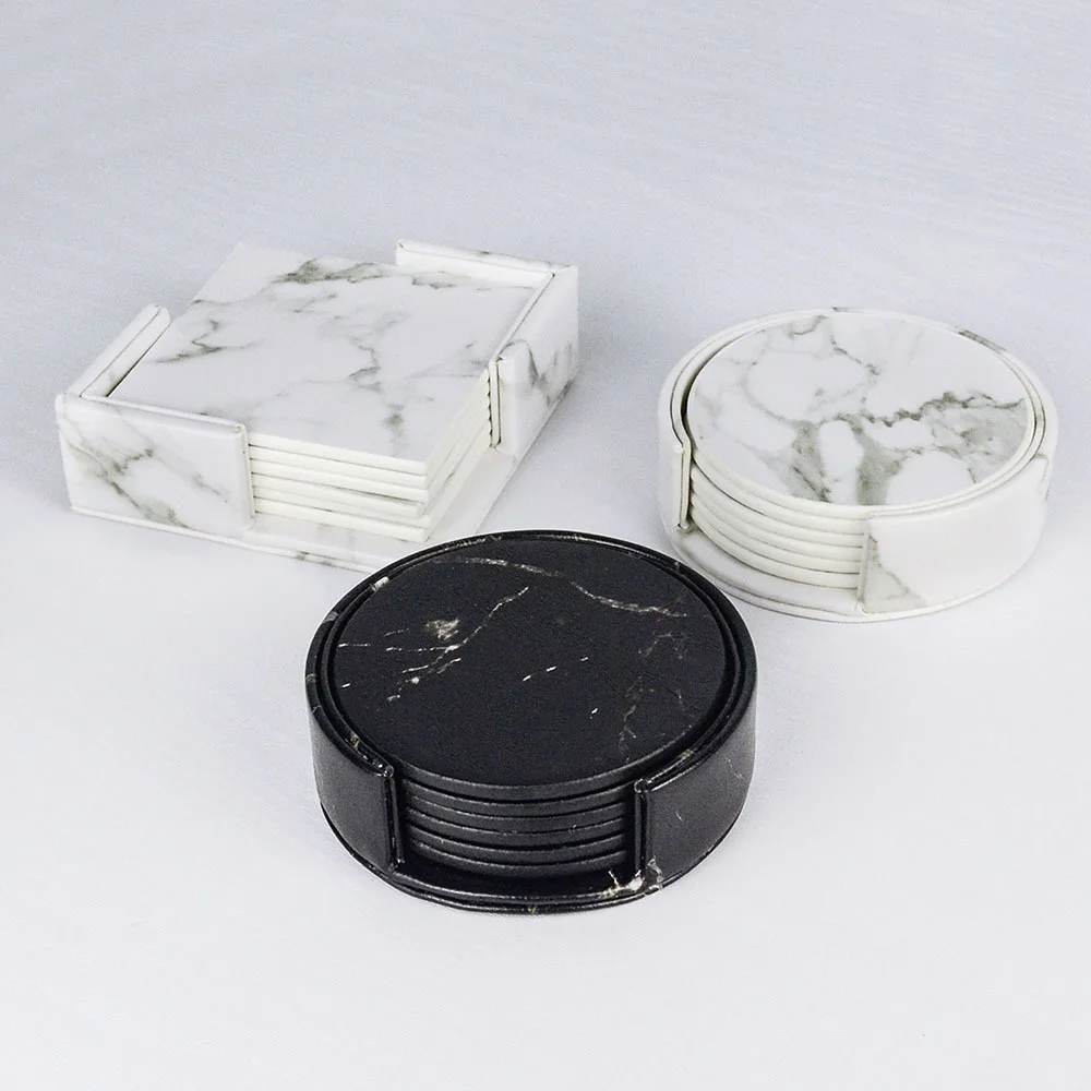 

6PCS Marble Coaster Sets Drink Coffee Cup Table Mat PU Leather Tea Pad Black Dining Table Placemats Table Chic Decoration