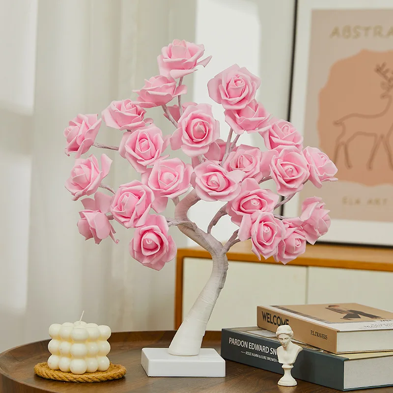 Rose Blossom Tree Night Light LED Lighted Tabletop Artificial Flower Bonsai Tree Lamp