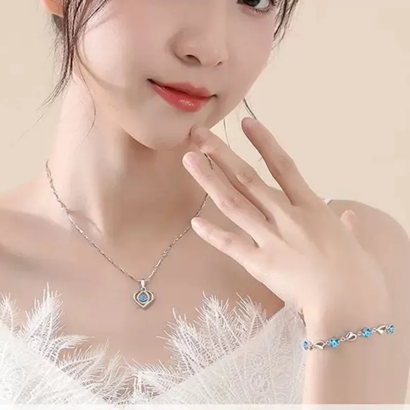  하트 모양 목걸이 팔찌 세트 (여성용/소녀용) 레트로 한국 블루 크리스탈 쥬얼리 세트 오리지널 파티 선물