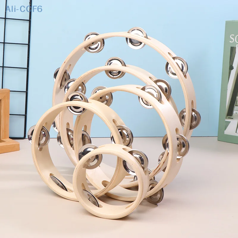 4/6/7/8/10Inch Hand Drums Toys Education Orff Musical Instrument Tambourine Hand Cranked Bell Single Row Wooden Tambourine Rings